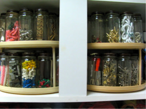 lazy susan and jars organization for sheds